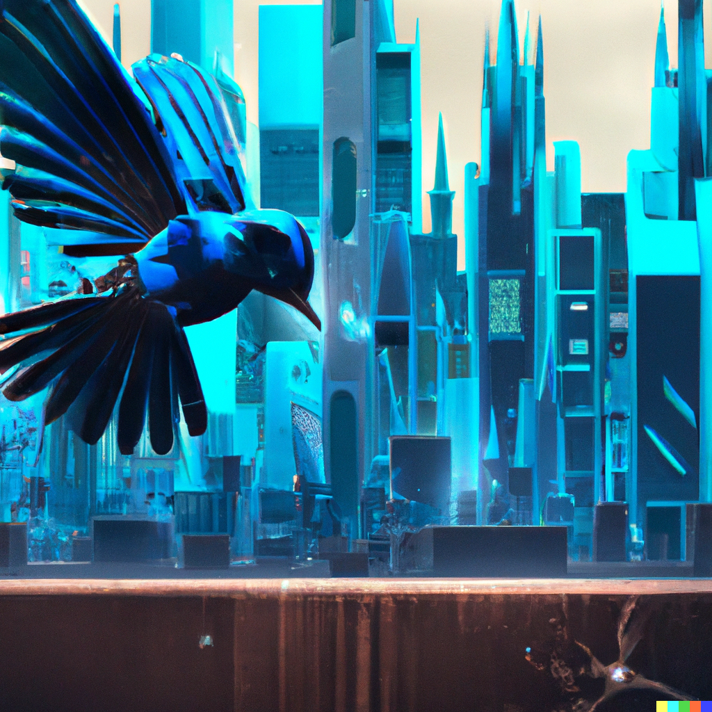 DALL·E 2022-12-04 11.19.37 - Blue bird plummeting into a futuristic city. Digital art.